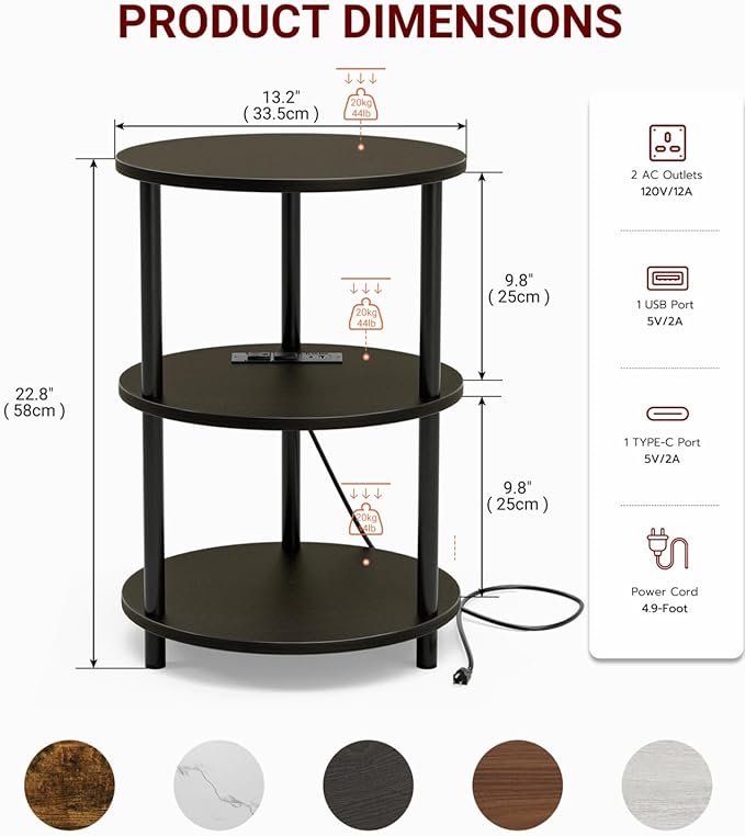 Small Round End Table - 3 Tier Design Accent Table, Narrow Side or Bedside Stand, Industrial Vintage Table for Small Spaces, Built-in USB Ports and Power Outlet, Charcoal Wenge