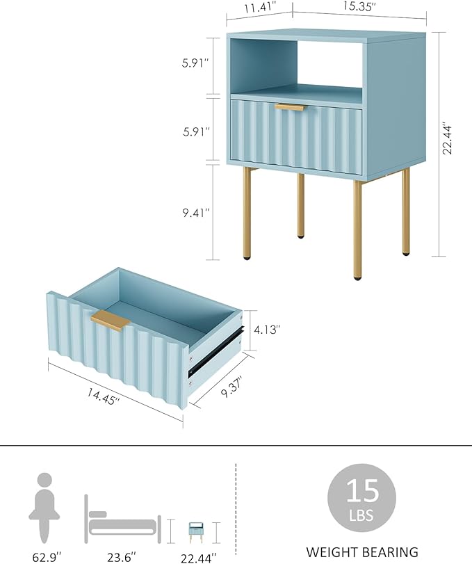 Nightstand,Modern Bedside Table with Gold Frame,Blue Night Stand,Bedside Furniture, Modern Side Table with Drawer and Shelf for Bedroom,Living Room (Blue)