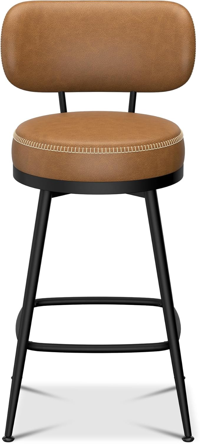 Counter Height Bar Stools, 26" H Swivel Barstools Set of 2, Faux Leather Kitchen Counter Stools with Back and Stylish Stitching, Metal Frame, Pub, Home Bar, Whisky Brown