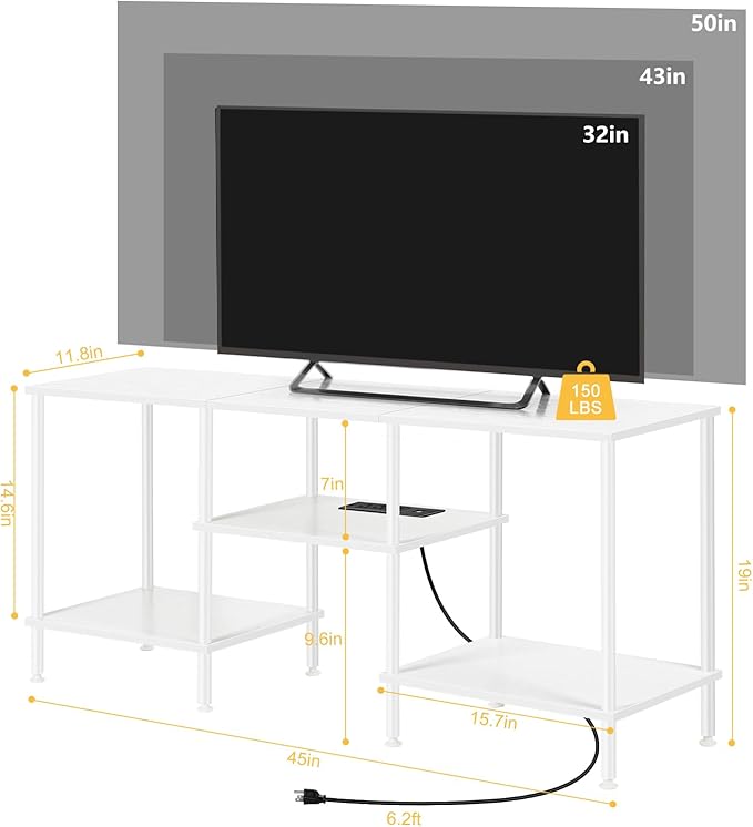 TV Stand for Bedroom up to 50 Inch Modern TV Stands with Power Outlets Small Entertainment Center with Storage 3 Tier TV Cabinet Console Table for Living Room Bedroom Office, White