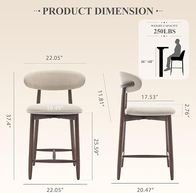 COLAMY Bar Stools with Back, Counter Height Bar Stools, Upholstered Counter Stools with Wood Legs for Kitchen Island Dining Room Bar, Beige