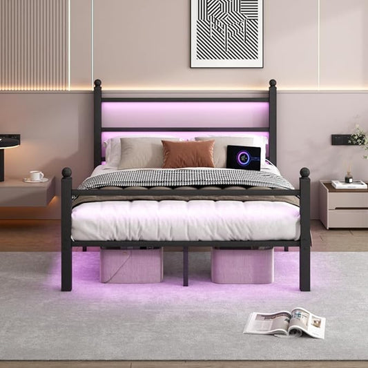 Queen Bed Frame with Headboard and Footboard,Steel Slats Support-LED Bed Frame with USB Charging Station,Mattress Foundation-Under Bed Storage,No Box Spring Needed,Noise Free,Black