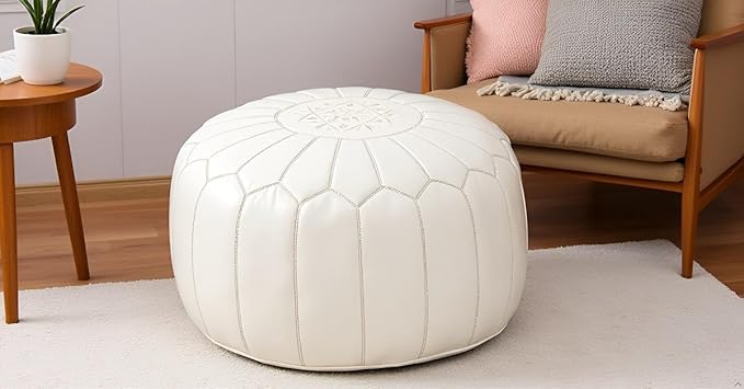 Stuffed Round Design Moroccan Leather Pouf Ottoman, Handmade, Pre-Filled, 100% Genuine Leather, 13” Height x 20” Diameter, Footstool & Living Room Décor (White)