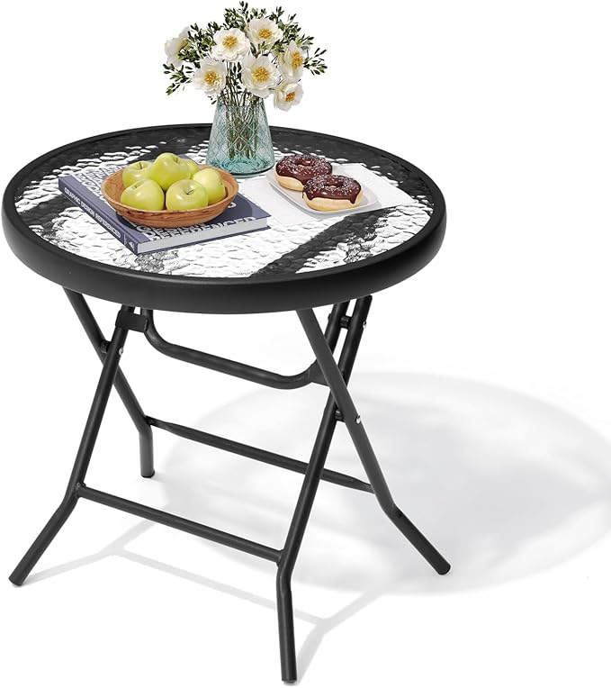 Foldable Side Table with Tempered Glass Top 18" Outdoor Folding Side Tables Small Glass Patio Table for Porch Yard Balcony Deck Lawn Dining Garden (Black)