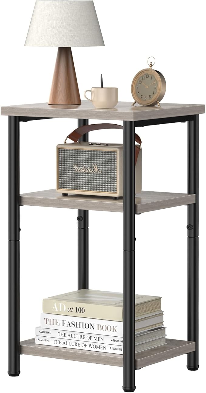 DUMOS End Table, 3 Tier Side Sofa Tables for Small Space, Storage Shelf, Nightstand with Adjustable Feet for Living Room, Bedroom, Office, Set of 1, Oak Grey