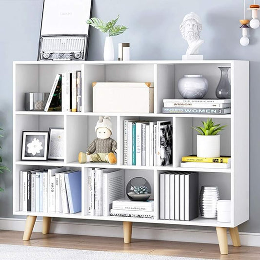 IOTXY Wooden Open Shelf Bookcase - 3-Tier Floor Standing Display Cabinet Rack with Legs, 10 Cubes Bookshelf, Warm White