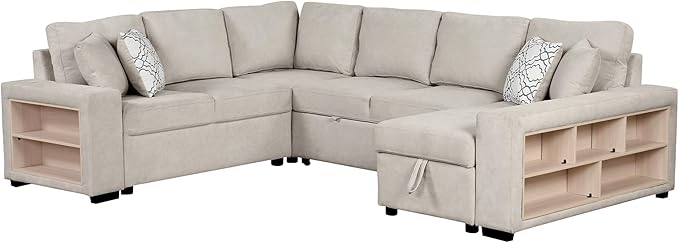109" U-shaped Sectional Pull-out Sofa Bed with Storage Chaise,2-in-1 Convertible Couch W/ 4 Back Pillow & 2 USB Ports,Luxurious Sleeper Furniture Set for Living Room Large Space,Beige Chenille
