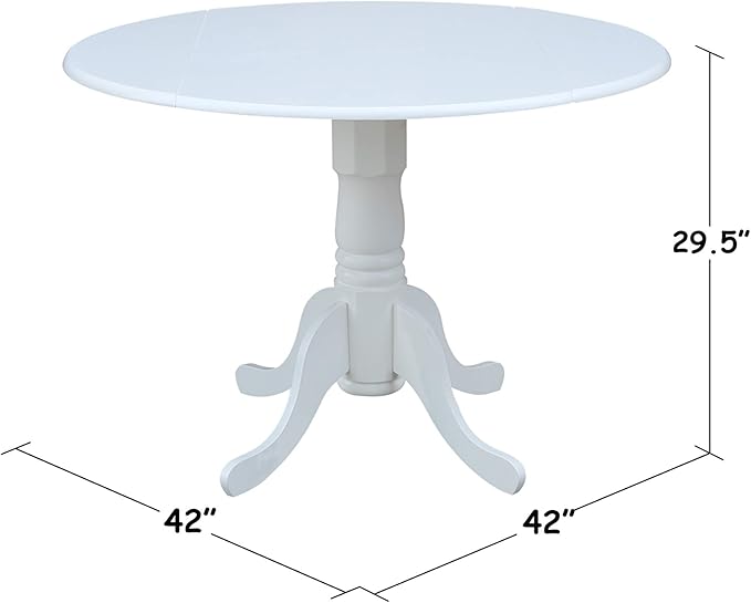 IC International Concepts, 42" Round Dual Drop Leaf Pedestal Dining Table, Solid Real Wood, Sturdy Parawood, White