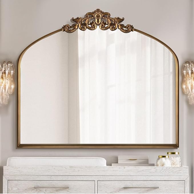 WAMIRRO Ornate Gold Mirror,Vintage Arched Baroque Antique Mirorrs for Living RoomHallwayFireplaceBathroomEntryway 36"X30"