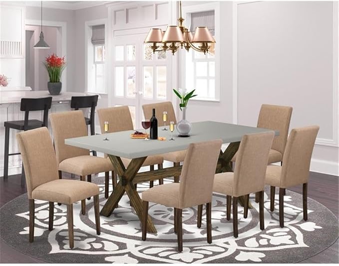 East West Furniture X797AB747-9 9 Piece Dining Room Set Includes a Rectangle Kitchen Table with X-Legs and 8 Light Sable Linen Fabric Upholstered Parson Chairs, 40x72 Inch, Multi-Color