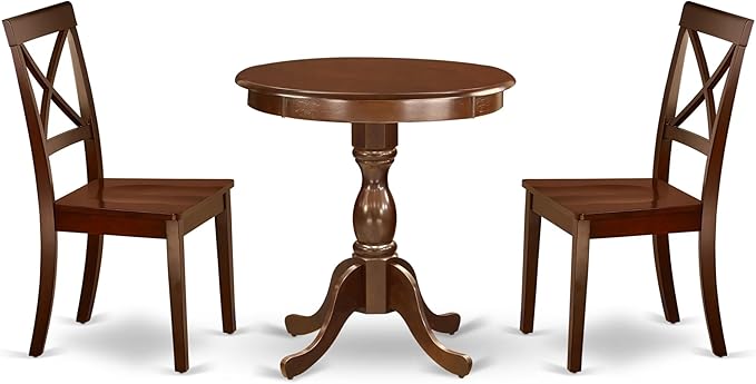 East West Furniture ESBO3-MAH-W 3 Piece Dining Room Table Set Contains a Round Kitchen Table with Pedestal and 2 Dining Chairs, 30x30 Inch, Mahogany