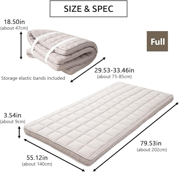 EMOOR Japanese Padded Futon Mattress Machi Full Gray, Gusset Foldable Storable Elastic Bands Floor Sleeping Guest Bed Tatami Mat