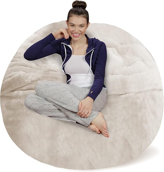 Sofa Sack Bean Bag Chair - Plush, Ultra Soft - Memory Foam Bean Bag Chair with Faux Rabbit Fur Cover - Stuffed Foam Filled Furniture and Accessories for Dorm Room 5 Feet - Cream