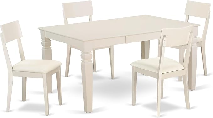 East West Furniture WEAD5-LWH-LC 5 Piece Dining Table Set for 4 Includes a Rectangle Kitchen Table with Butterfly Leaf and 4 Faux Leather Upholstered Chairs, 42x60 Inch, Linen White
