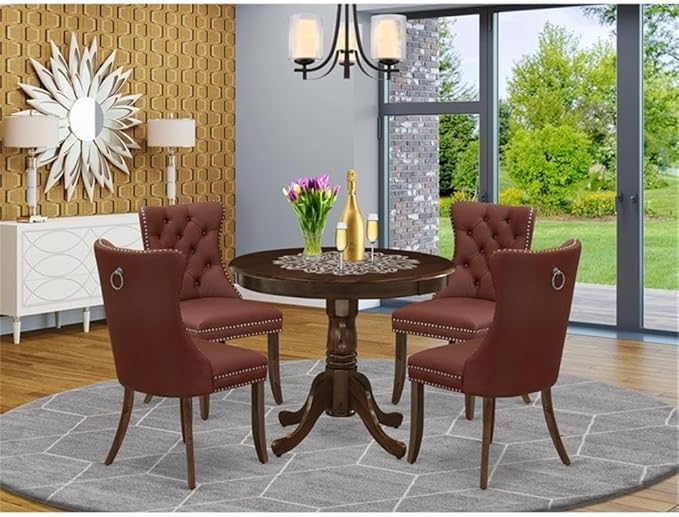 East West Furniture ANDA5-AWA-26 5 Piece Kitchen Table Set Includes a Round Dining Table with Pedestal and 4 Polyester Fabric Upholstered Parson Chairs, 36x36 Inch, Antique Walnut