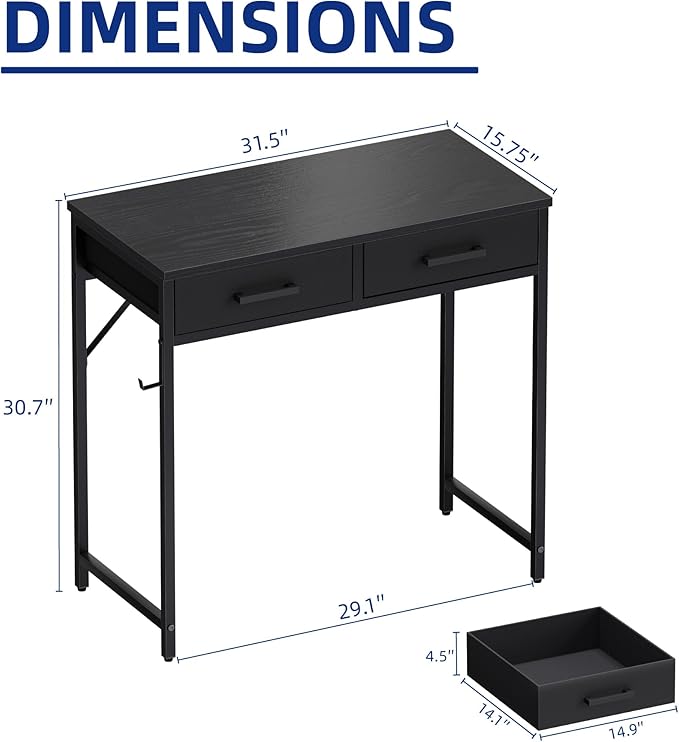 Pamray 32 Inch Small Computer Desk with 2 Drawers for Bedroom Study Writing Home Office Table for Small Spaces Grey