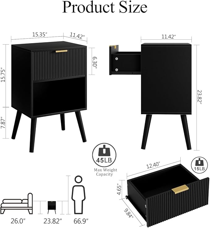 Nightstand, Small Side Table, Bedside Table with Drawer, Modern Night Stand, End Table for Bedroom, Living Room (Black Stripe)