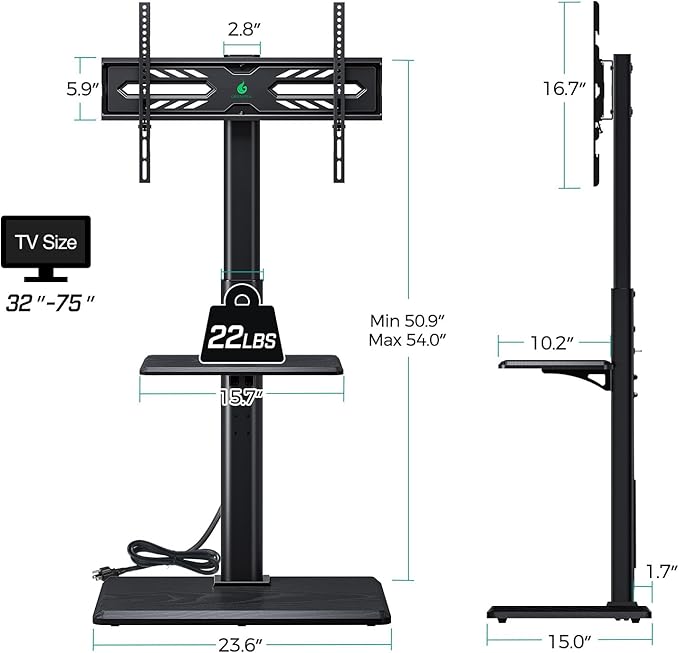 Greenstell TV Stand with Power Outlet & AV Shelf, Universal Floor TV Stand for 32-75 inch TV, Swivel Tall TV Mount Stand, Holds up to 110 LBs,Height Adjustable and Wood Base, Max VESA 600x400mm,Black
