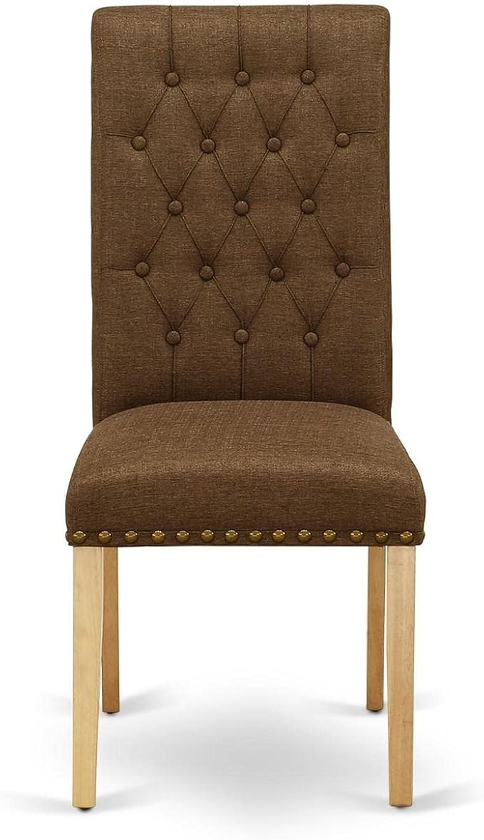 East West Furniture BRP4T18 Bremond Parson Kitchen Chairs - Button Tufted Nailhead Trim Brown Linen Linen Fabric Upholstered Dining Chairs, Set of 2, Oak