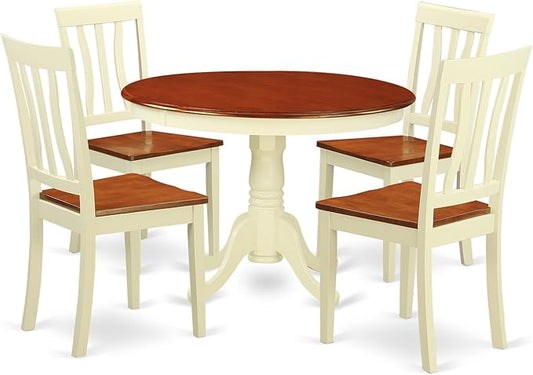 East West Furniture HLAN5-BMK-W 5 Piece Modern Dining Table Set Includes a Round Wooden Table with Pedestal and 4 Dining Room Chairs, 42x42 Inch, Buttermilk & Cherry
