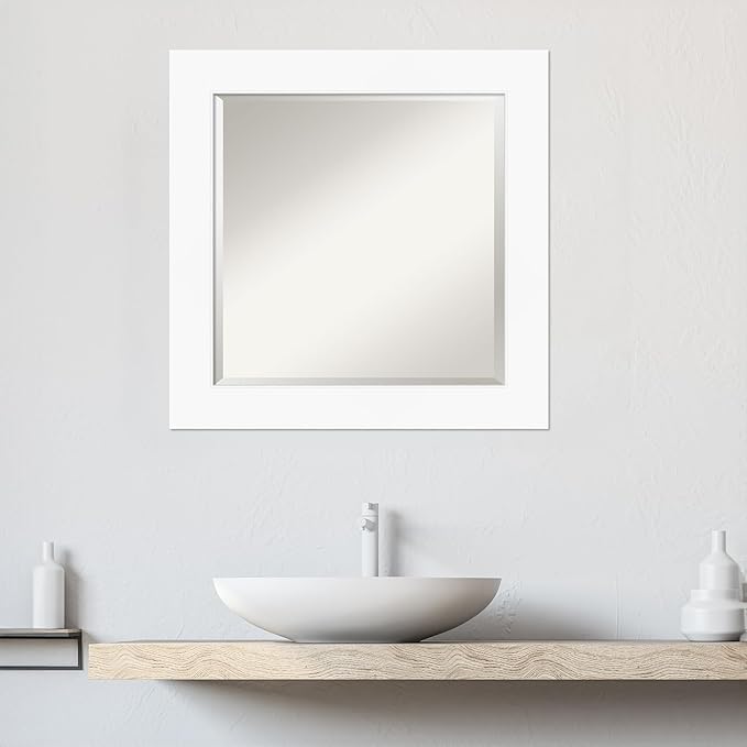 Amanti Art White Bathroom Mirror for Over Sink, 26x26 Cabinet White Square Vanity Mirror, Medium Modern Frame, Hangs Horizonally and Vertically, Bathroom Wall Decor, Beveled Edge from WI, USA