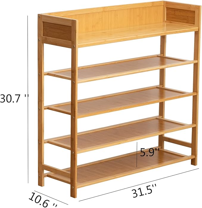 Bamboo Shoe Rack Organizer, 5 Tier Shoe Shelf Storage Organizer, for Entryway, Hallway, and Closet (Nature-31.5)
