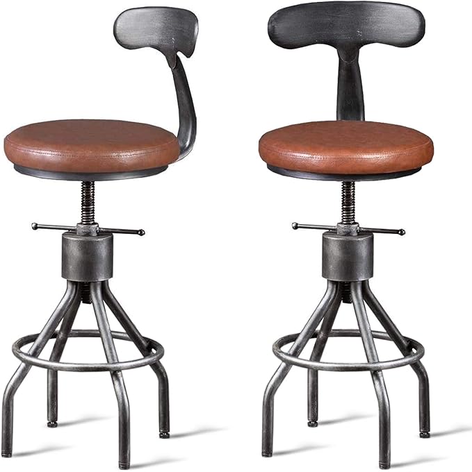 Diwhy Industrial Vintage Bar Stool, Kitchen Counter Height Adjustable Pipe Chair, Cast Iron Stool, Swivel Bar Stool with Backrest, Silver, Fully Welded Set of 2 Brown Upholstered