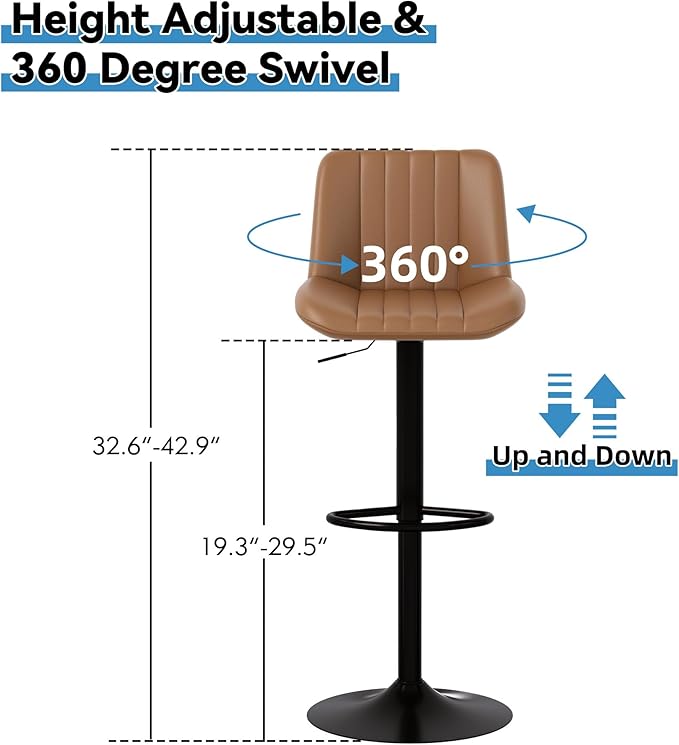 Shintenchi Swivel Bar Stools Set of 2, Adjustable Faux Leather Upholstered Swivel Counter Stools, Armless Bar Height Island Chairs with Back and Footrest, Coffee