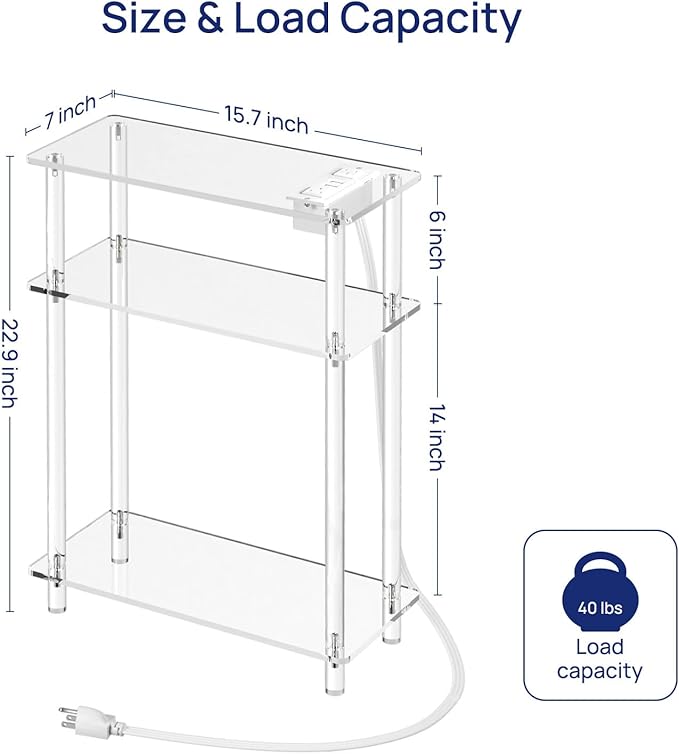HMYHUM Acrylic Narrow Side Table with Charging Station, 7" Width, 3 Tier Small End Table for Small Spaces, Skinny Nightstand/Bedside Table with USB Ports & Outlet, Clear