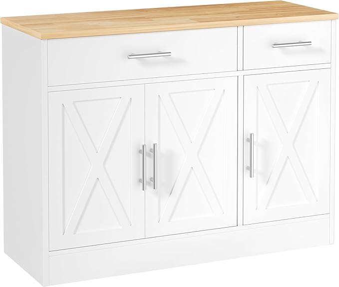 Shintenchi 3 Doors Farmhouse Sideboard Buffet Cabinet,42" Barn Doors Buffet Cabinet with Storage,Wood Coffee Bar Cabinet with Adjustable Shelf for Kitchen,Living Room,White