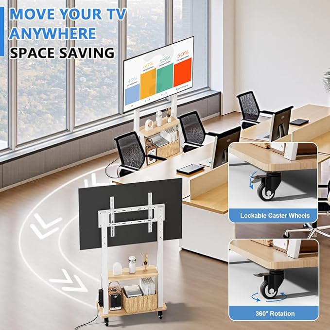 Mobile TV Stand with Power Outlet, Wood Shelf Portable TV Stand on Wheels for 32 to 55 65 70 75 inch Television, Height Adjustable White TV Cart, Holds up to 130LBS, Vesa 600×400mm.
