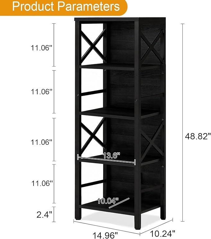 Small Bookshelf,5 Tier Industrial Bookcase with Metal Frame and Backboard,Narrow Black Book Shelf,Office Book case for Small Spaces,Living Room,Bedroom and Home Office