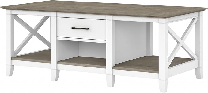 Bush Furniture Key West Coffee Table with Storage in Pure White and Shiplap Gray