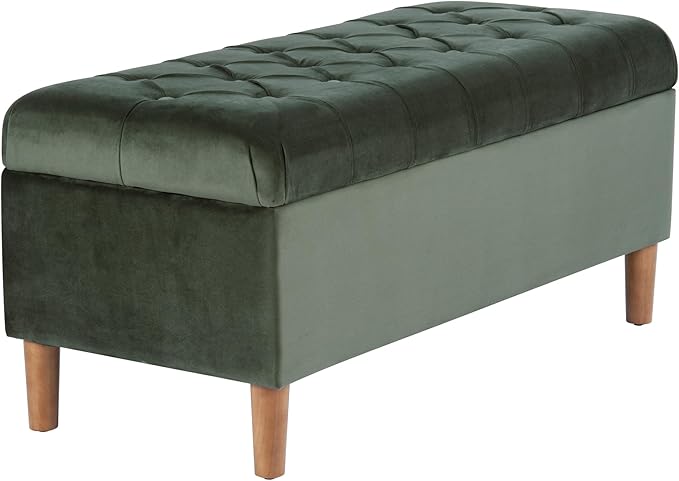 HomePop Home Decor | Tufted Ainsley Button Storage Ottoman Bench with Hinged Lid | Ottoman Bench with Storage for Living Room & Bedroom,Loden Green Velvet