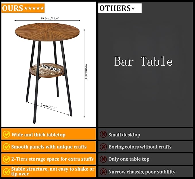ZYBT Boho Bar Height Table - Rattan Storage Shelf, High Top & Counter Height Dining Table