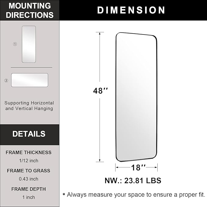 ANDY STAR 18" x 48" Full Length Wall Mirror, Large Black Mirror for Bathroom, Rounded Corner Rectangle Body Mirror for Floor and Leaning