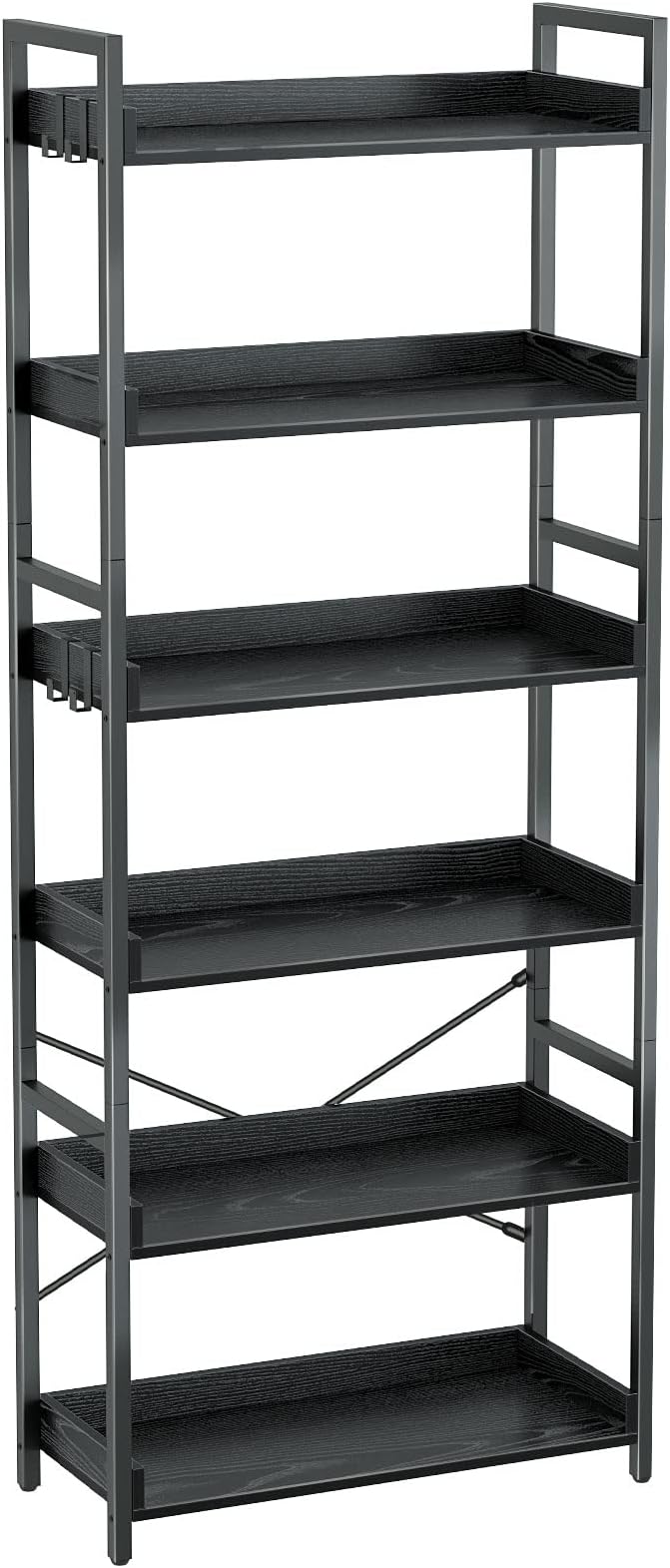 Rolanstar Bookshelf 6 Tier with 4 Hooks, Industrial Bookcase, Vintage Storage Rack with Open Shelves, Rustic Standing Bookshelves Metal Frame Display Rack for Living Room, Bedroom, Black