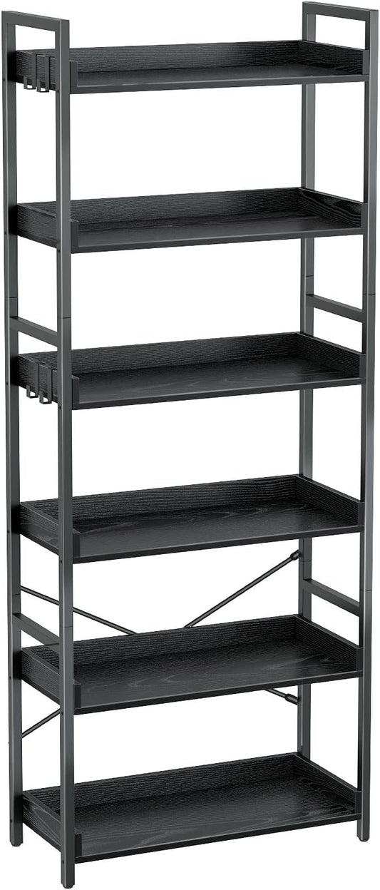 Rolanstar Bookshelf 6 Tier with 4 Hooks, Industrial Bookcase, Vintage Storage Rack with Open Shelves, Rustic Standing Bookshelves Metal Frame Display Rack for Living Room, Bedroom, Black