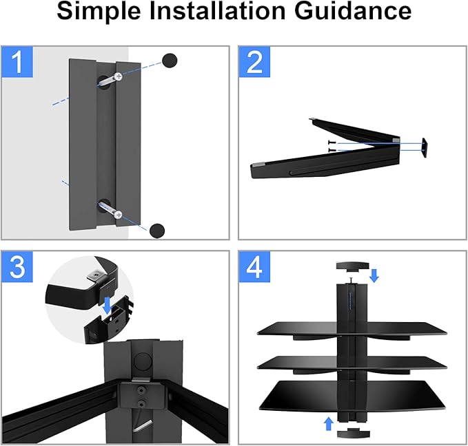 suptek 3 Floating Shelf Wall Bracket with Strengthened Tempered Glass for DVD Players/Cable Boxes/Games Consoles/TV Accessories, 3 Shelves, Black, CS303