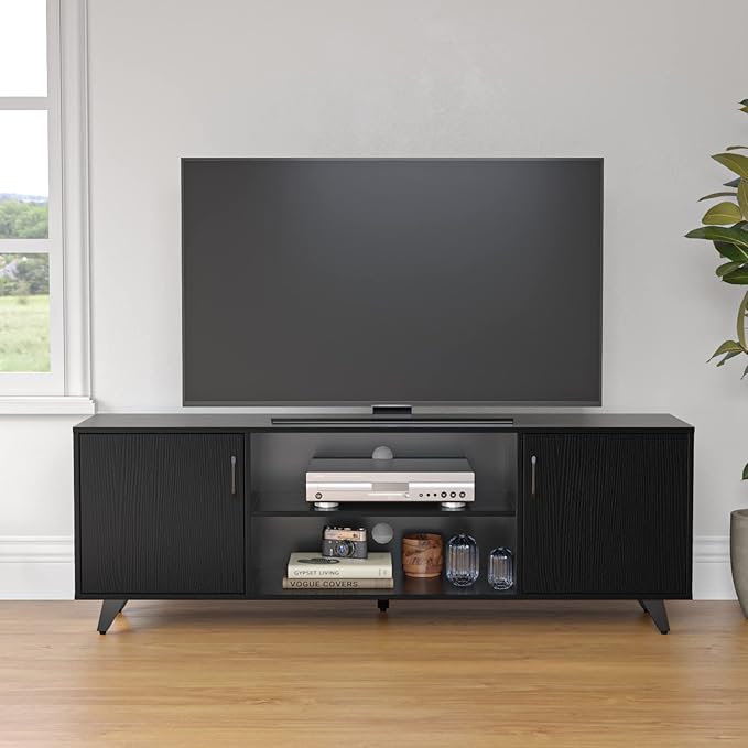 Panana Mid Century TV Stand Entertainment Center with 2 Doors, Wooden Medial Console Table for Living Room Furniture, 53.5" x 15" x 21.7" (Black)