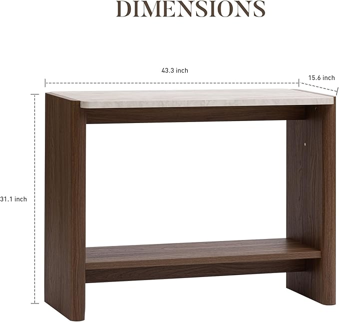 COSIEST 43.3" Farmhouse Console Table for Entryway, 2-Tier Sofa Table with Faux Stone Grain Top, Slim Accent Table for Hallway, Behind Couch, or Living Room, Brown Wood Look