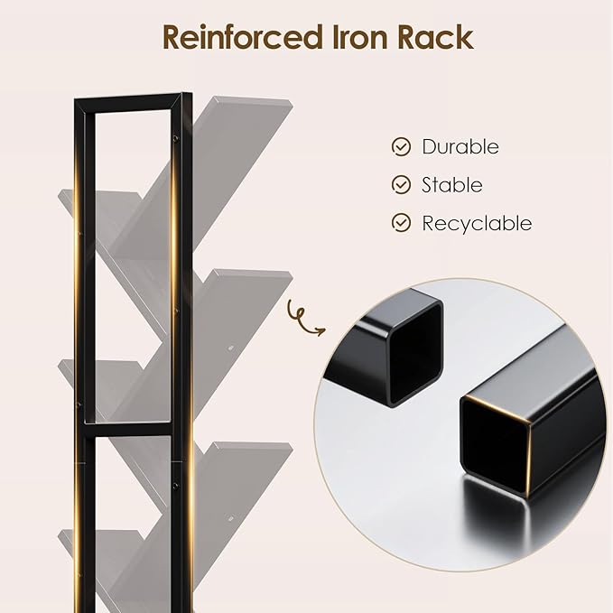 7 Tier Double Sided Rotating Tree Book Shelf, Floor Standing Wood Bookshelf with Adjustable Wheels for Narrow Space, with Storage Cabinet for Books/CDs/Magazine, Black