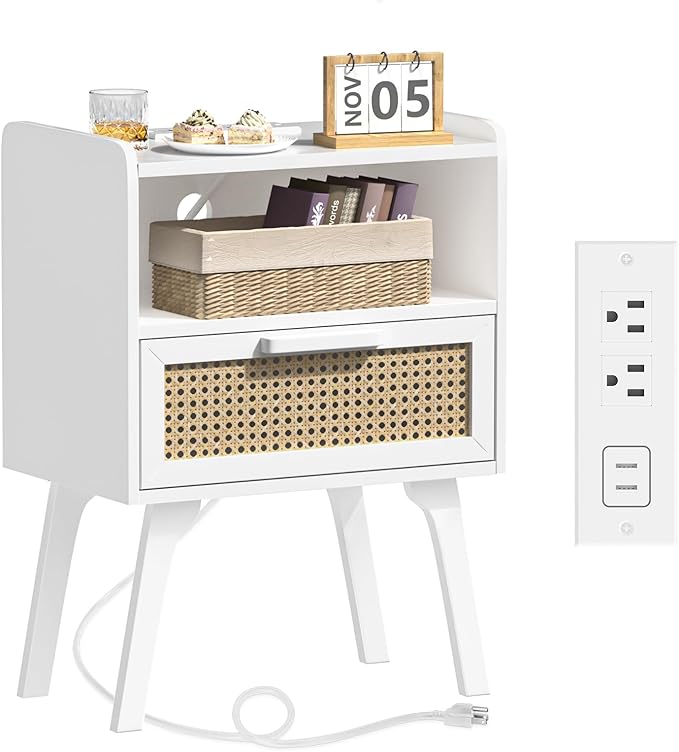 Lerliuo Rattan Nightstand with Charging Station, White Bedside Table with Drawer Open Shelf, Cane Accent Side End Table with Solid Wood Legs, Night Stand for Bedroom, Dorm and Small Spaces