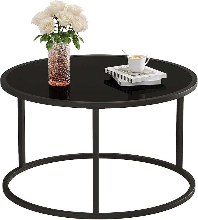 SAYGOER Black Glass Coffee Table Small Round Coffee Tables 27.6In Modern Tempered Glass-Top Accent Center Table for Living Room Home Office Small Space Easy Assembly