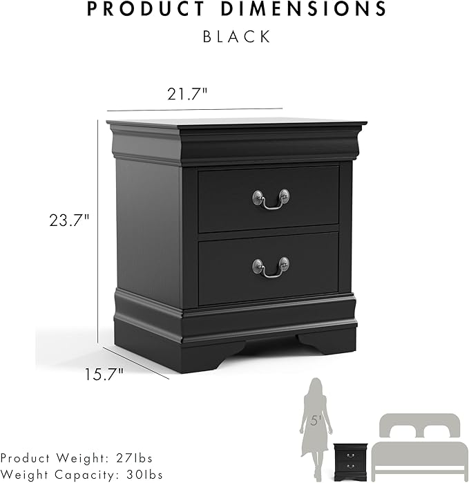 Furniture of America Arabella Traditional Solid Wood Nightstands Set of 2, Bedside Table with Drawers and Antique Nickle Handles, No Assembly Wooden Night Stands for Bedrooms, Guest Room, Dorm, Black