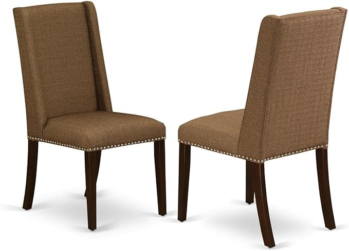 East West Furniture DLFL3-MAH-18 3 Piece Dining Set Contains a Round Dining Room Table with Dropleaf and 2 Brown Linen Linen Fabric Upholstered Parson Chairs, 42x42 Inch, Mahogany