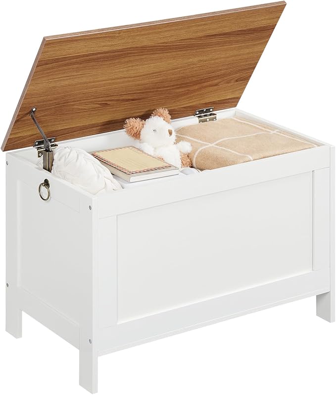 HOOBRO Toy Box, Retro Wooden Look Storage Chest with Safety Hinge, Entryway Storage Bench Supports 220 lb, 29.9 x 15.7 x 18.9 Inches Toy Chest Organizer, Easy Assembly (White and Walnut) WH75CW01G1