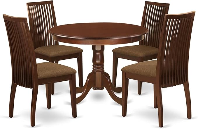 East West Furniture HLIP5-MAH-C 5 Piece Dinette Set for 4 Includes a Round Dining Room Table with Pedestal and 4 Linen Fabric Kitchen Dining Chairs, 42x42 Inch, Mahogany