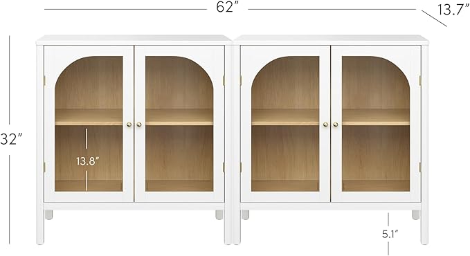 Nathan James Mason Wood Storage Cabinet Accent Sideboard Buffet Credenza TV Stand with Glass Doors and Adjustable Shelf for Dining Room, Entryway or Living Room, Clear Glass/White/Light Oak, Set of 2