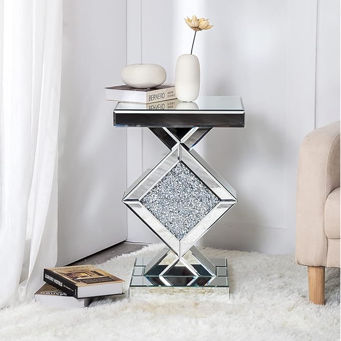 SHYFOY Mirrored End Table, Mirror Accent Side Table with Crushed Crystal Diamond, Finished Small Coffee Table, Glass Bedside Lamp Table, Silver Modern Style Decor for Living Room, Balcony, Bedroom